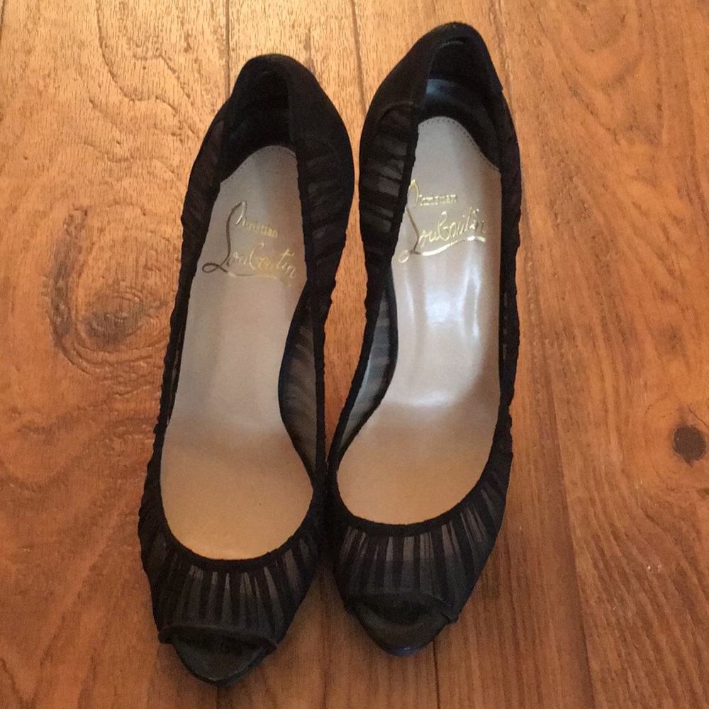 Ambrosinia Louboutin peep toe heels chiffon top